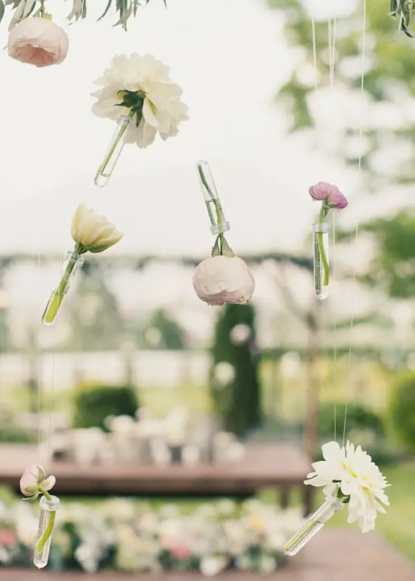 hanging flowers in test tubes - wedding flowers - midsouthbride.com