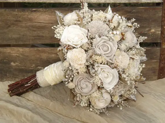 Rustic Woodland Twig and Sola Wood Flower Bridal Bouquet with Champagne Accents