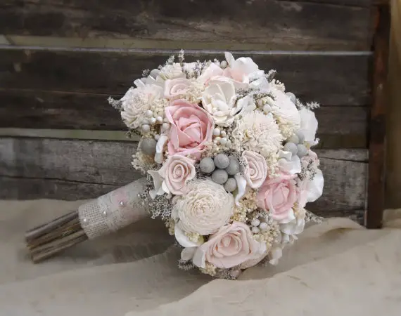 wood wedding bouquet - Sola Bouquet Pink Roses Blush Pink with Dried Flowers