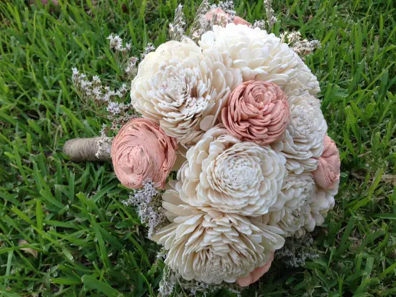 Wood Flower Bouquets - Handmade natural balsa wood flower wedding bouquet