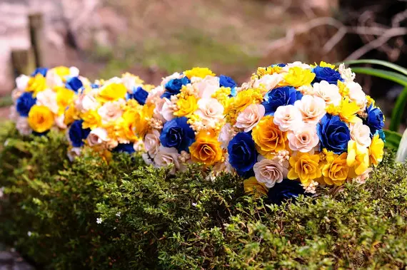 wood wedding flowers - Royal Blue and Yellow Wooden Bouquet for Wedding Bouquet or Centerpiece
