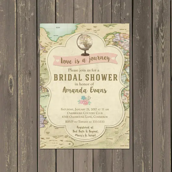 Map Travel Bridal Shower Invitation, Globe Love is a Journey Bridal Shower Invitation, Destination Wedding Shower, Printable or Printed