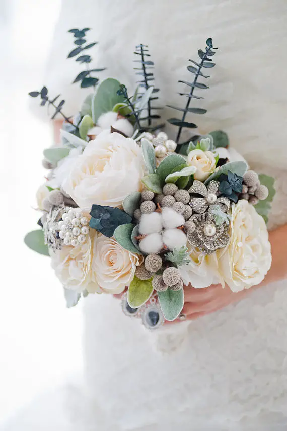 winter wedding bouquet idea - Custom Winter Wedding Bouquet, Silk Flower Bouquet, Brooch Bouquet, Artificial Bridal Bouquet, Artificial Flower Bouquet, Dried Flowers