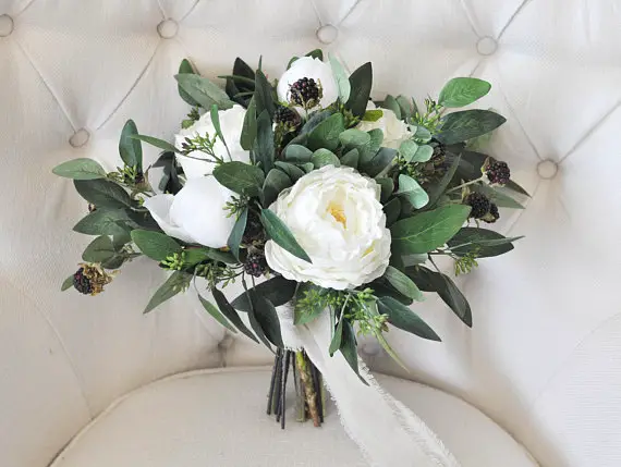 winter wedding bouquet idea - Winter Wedding Bouquet | White Ivory Peonies, Wild Raspberries, Seeded Eucalyptus | Winter Silk Bridal Bouquet