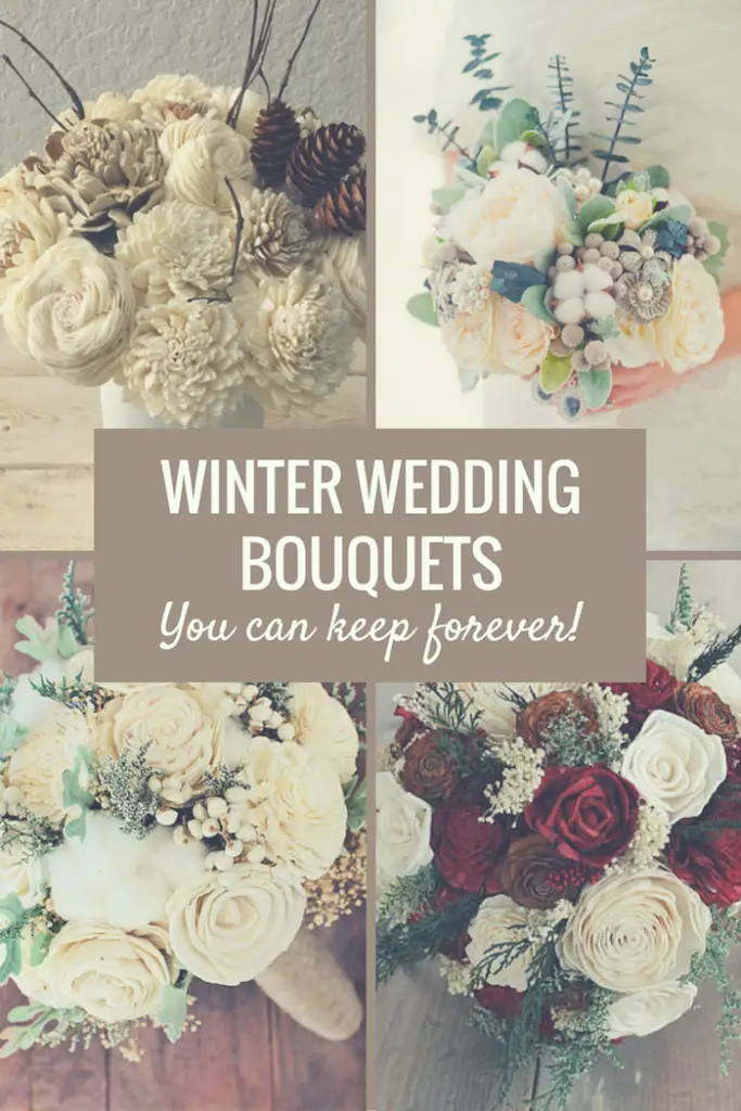 winter wedding bouquets with fake flowers wood flowers