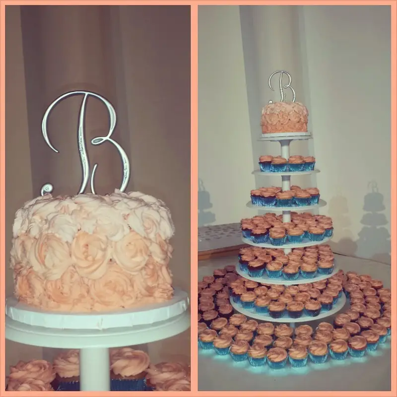 coral and teal cupcake wedding cake