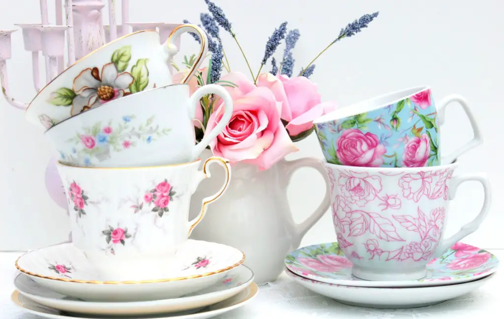 mismatched china tea cups and saucers