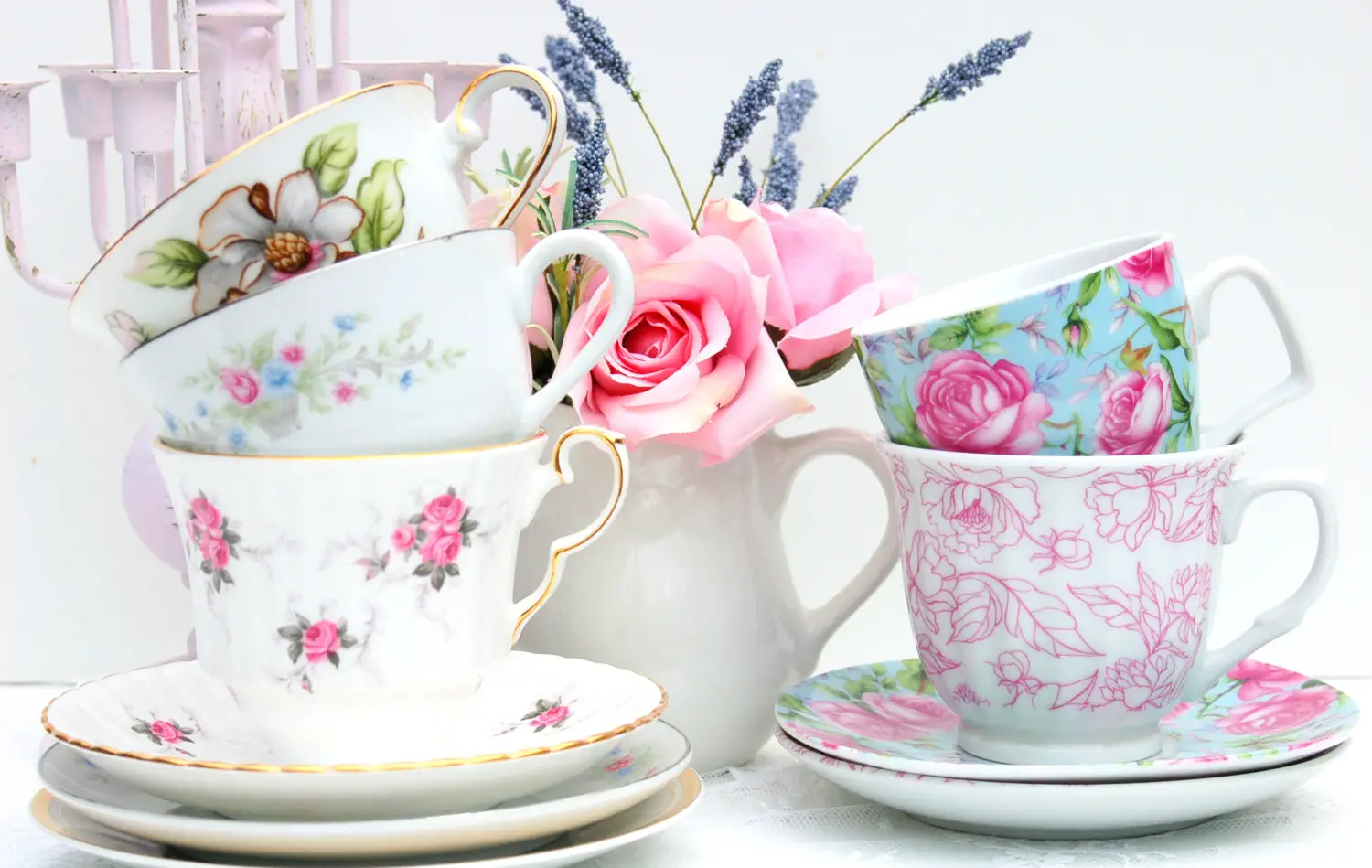 mismatched wedding china tea cups and saucers