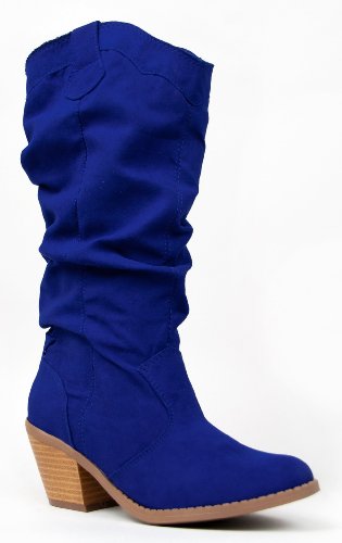 blue suede wedding shoes - Western Cowboy Inspired Slouchy Mid Calf Knee High Stacked Heel Boot