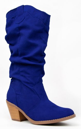 blue suede wedding shoes - Western Cowboy Inspired Slouchy Mid Calf Knee High Stacked Heel Boot