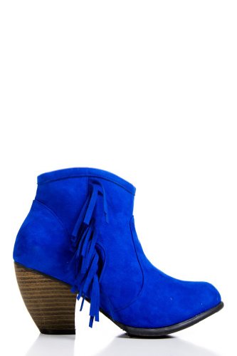 blue suede wedidng shoes - Fringed Faux Suede Heeled Booties in Cobalt Blue