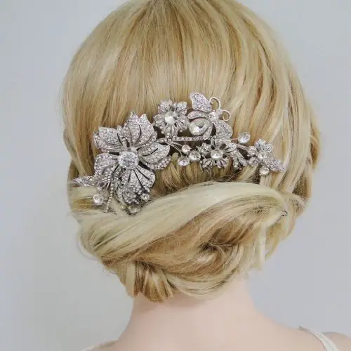 bridal silver hair comb with flowers