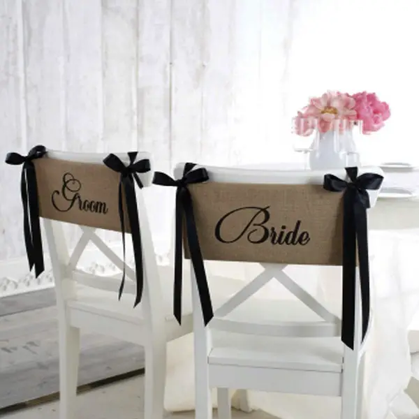 burlap bride and groom chair sash set