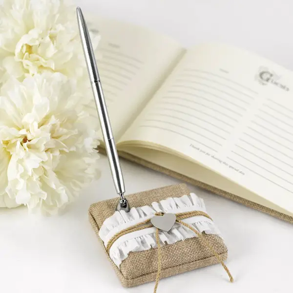 Set of 2 / 4 Wedding Guest Book Pens, Burlap Pen, Ivory Paper Flower,  Rustic Wedding Pen, Cottage Chic Decor, Wedding Decor, Rustic Flower 