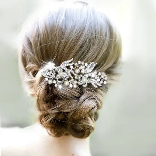 wedding hair comb  Dual Flower Simulated Pearl Clear Austrian Crystal
