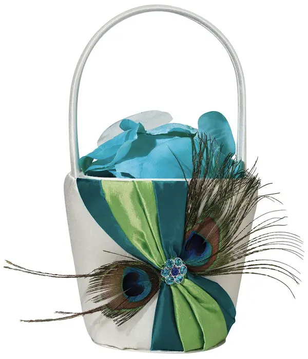 peacock feather flower basket for wedding ceremony