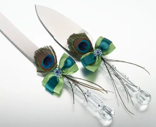 peacock wedding knife and server set