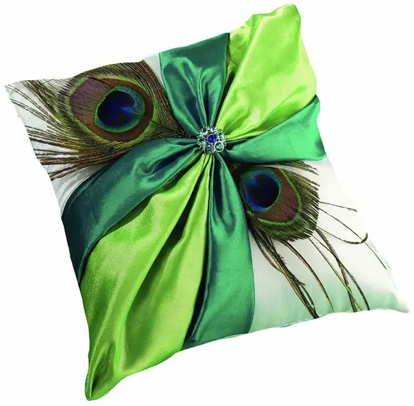 vibrant peacock feather ring pillow for wedding ceremony