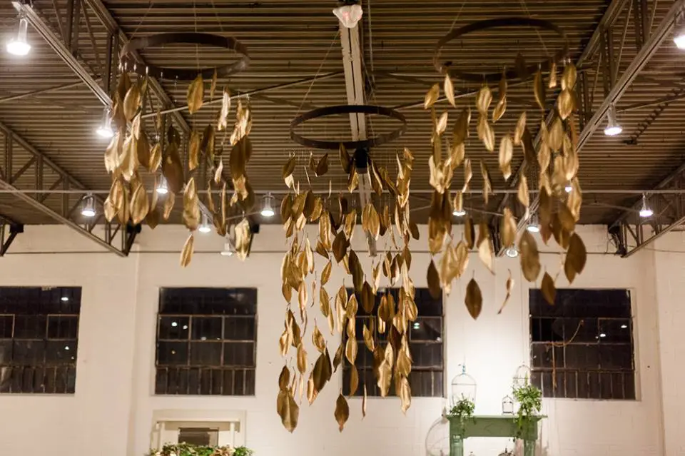 vintage rentals warehouse gold leaf chandeliers