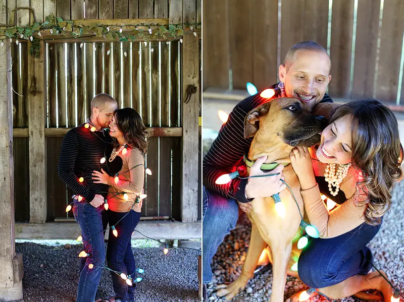 winter christmas lights engagement photo idea