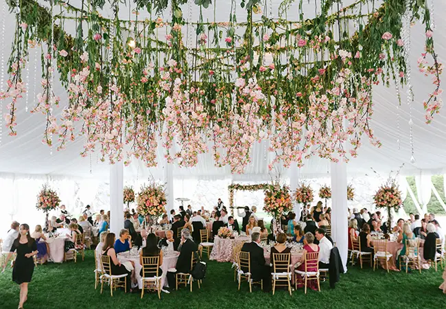 hanging flowers - hanging pink cherry blossoms - midsouthbride.com