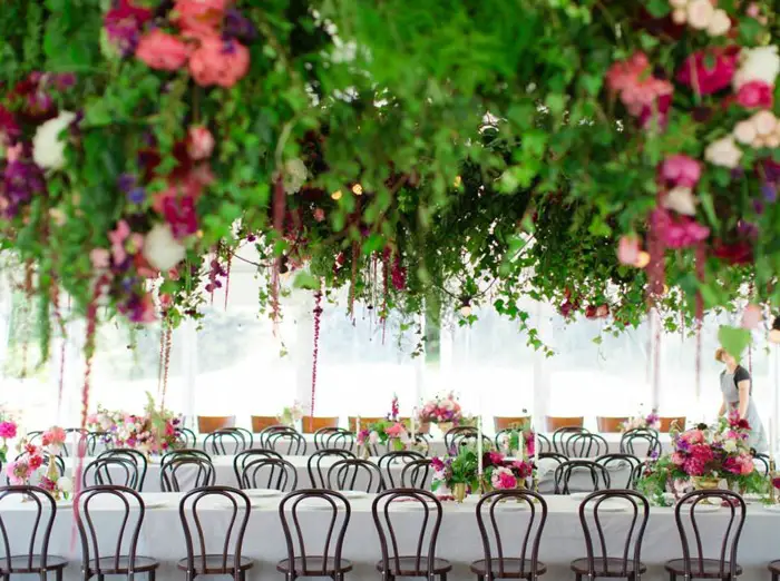 hanging flowers wedding reception decor - blush flowers - midsouthbride.com