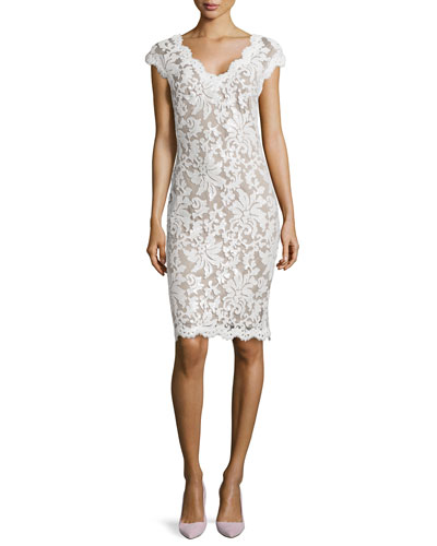 little white dress - Tadashi Shoji Lace Cap-Sleeve Sequined Cocktail Dress from Neiman Marcus