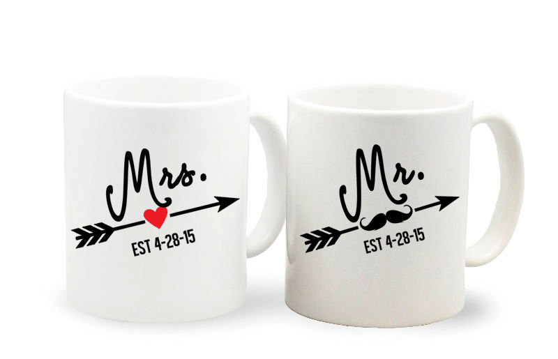 mr and mrs wedding date coffee mugs set