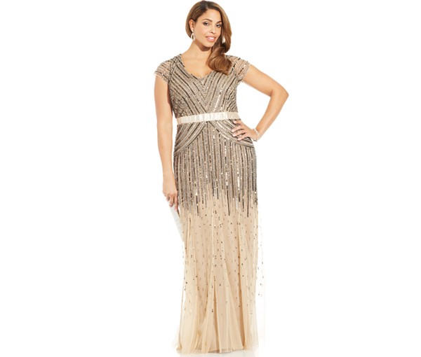 Adrianna Papell Plus Size Cap-Sleeve Beaded Sequined Bridesmaid Gown