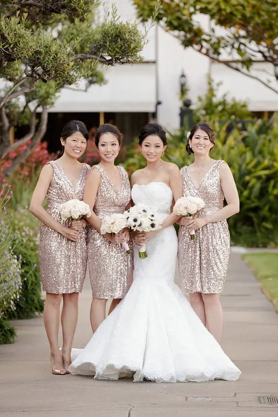 sparkly rose sequin v-neck bridesmaid dress