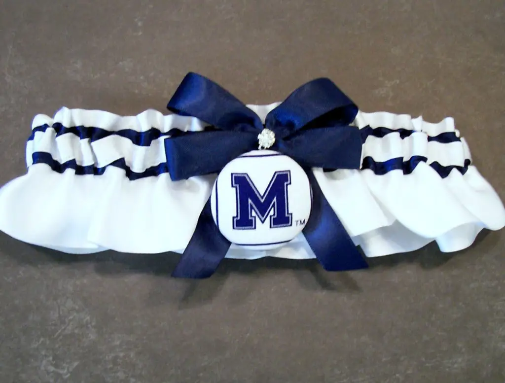 Handmade Navy Blue and White Wedding Garter Bridal Garter, with Memphis Fabric Covered Button Embellishment