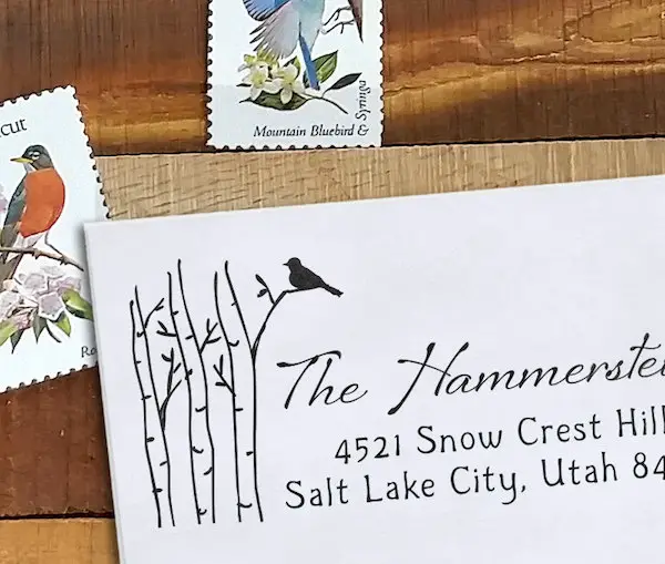 personalized address stamp with trees and birds from notetrunk