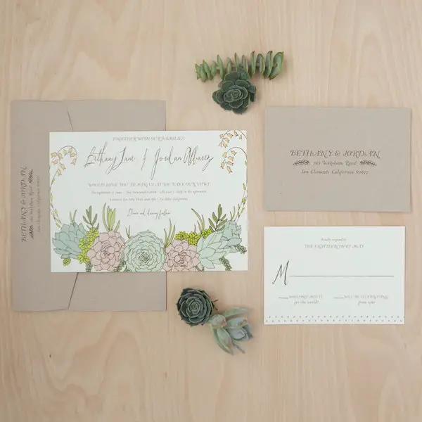 Bohemian Calligraphy Succulent Wedding Invitation by Jen Simpson Design - midsouthbride.com