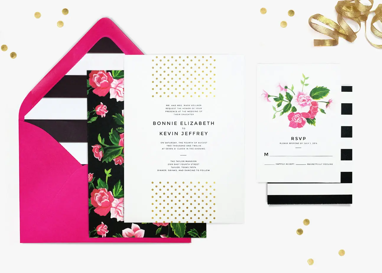 Kate Spade Inspired Custom pink, black and gold Wedding Invitation by Archer and Olive