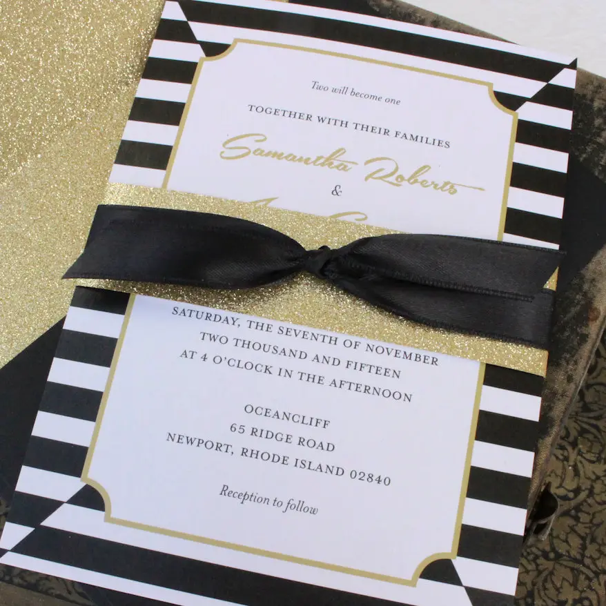 Kate Spade Inspired Elegant Black and Gold Wedding Invitation by Beyond Design