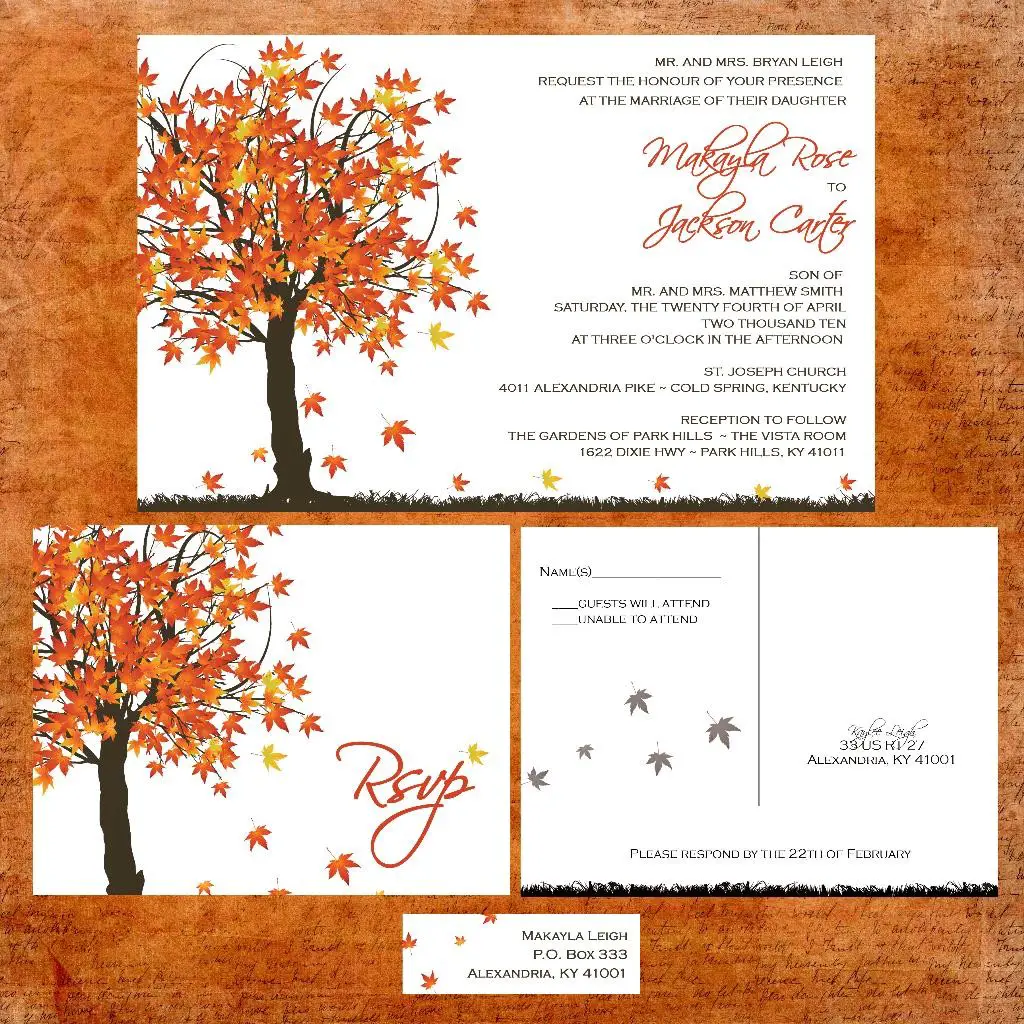 Fall In Love Wedding Invitation Suite with RSVP postcards and address labels by Inviting Moments