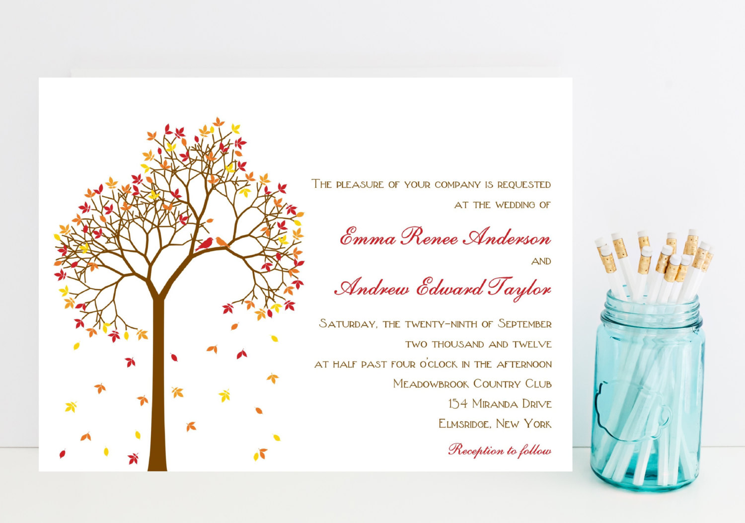 Fall Wedding Invitation - Autumn Wedding Invitation - Fall Tree Invitation by Whimsical Prints