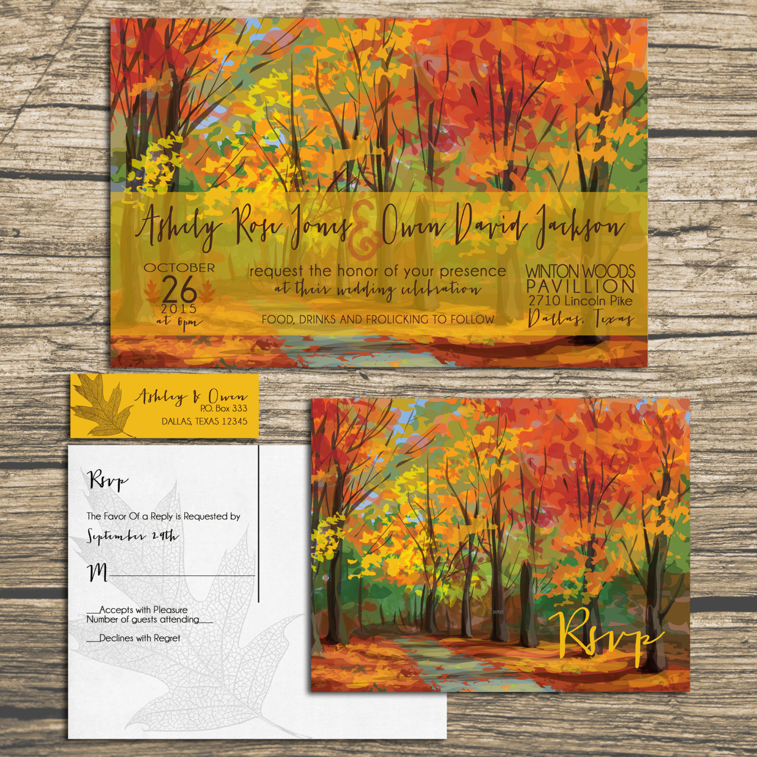 Fall Wedding Invitations - Autumn Woods - Wedding Invitation Suite with RSVP postcards and address labels by Inviting Moments