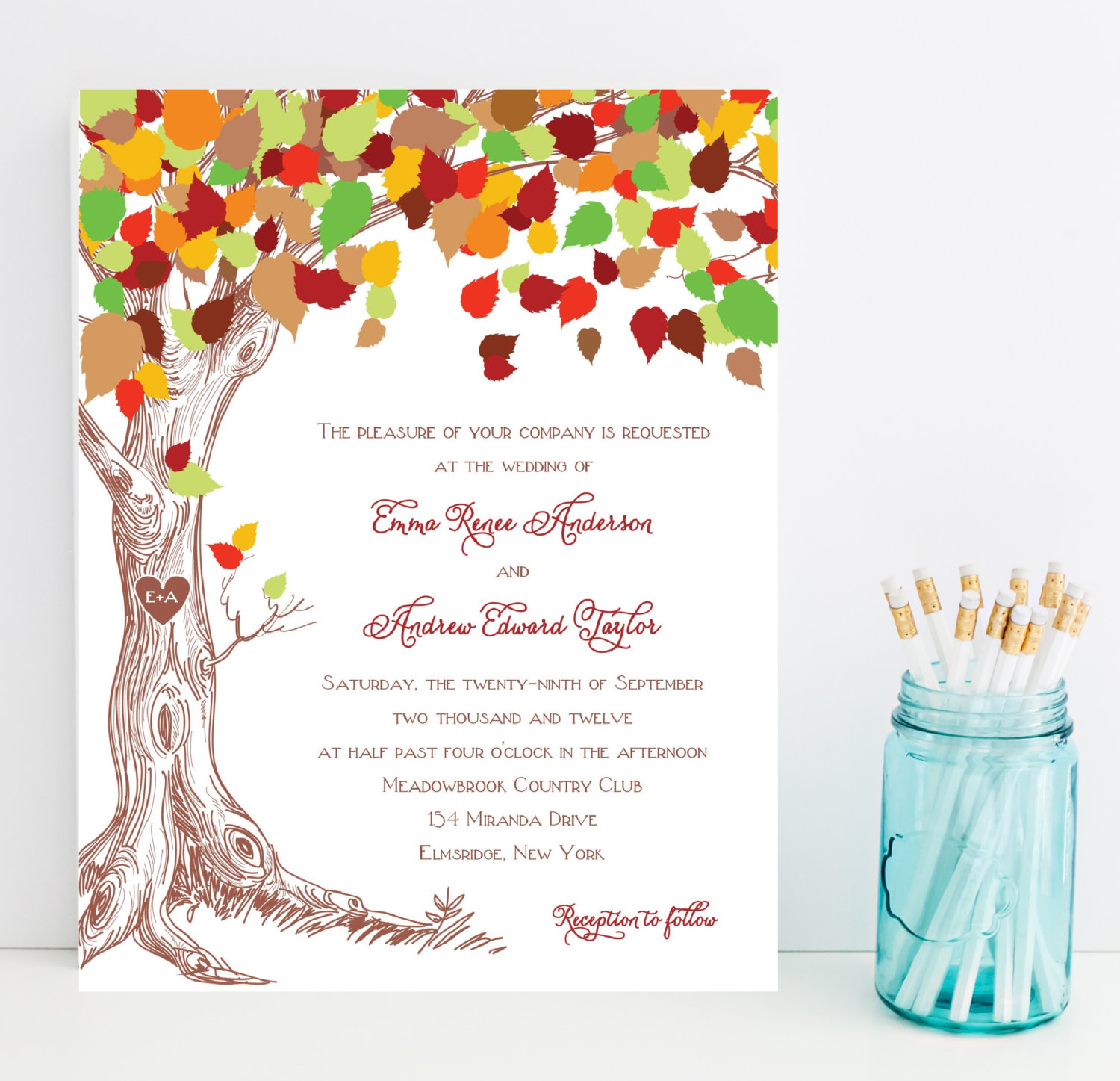 Woodland Wedding Invitations - Carved Initials, Outdoor, Fall Wedding Invitation by Whimsical Prints