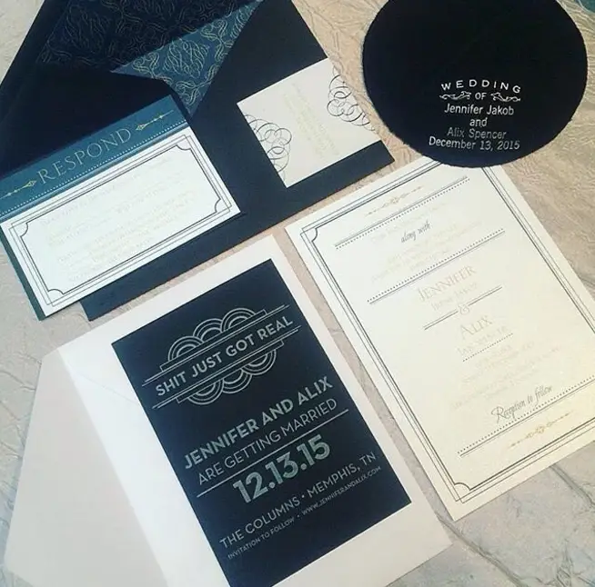 shit just got real - memphis wedding invitation - photo by Hardin House