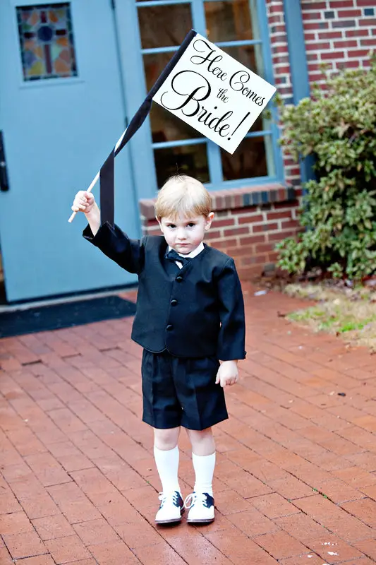 Here Comes The Bride Wedding Sign - Small Rectangle Flag - Black Script Font and Satin Ribbon Ring Bearer