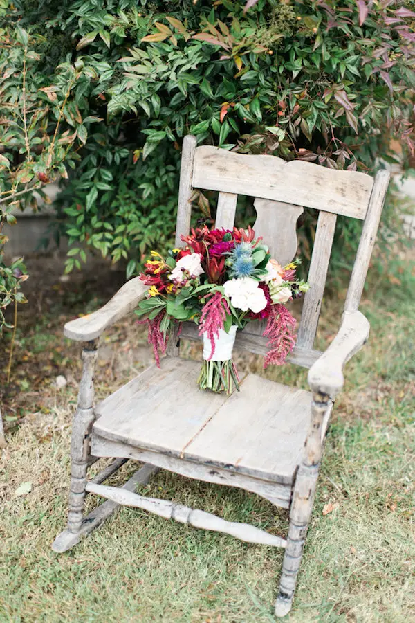 Marsala Wedding Flowers and rustic chair