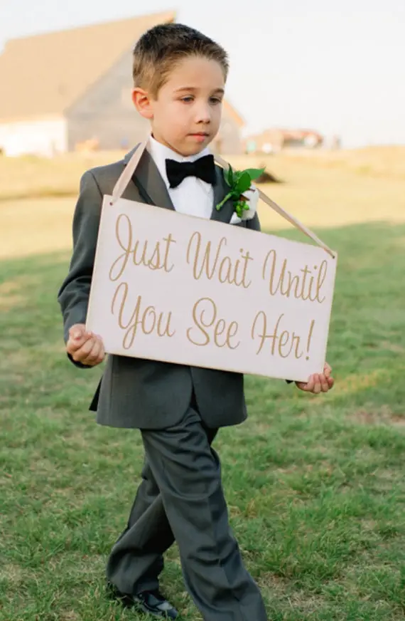 Just Wait Until You See Her - shabby chic - HERE comes the BRIDE - Wedding Sign, Ring Bearer Sign, Flower Girl Sign