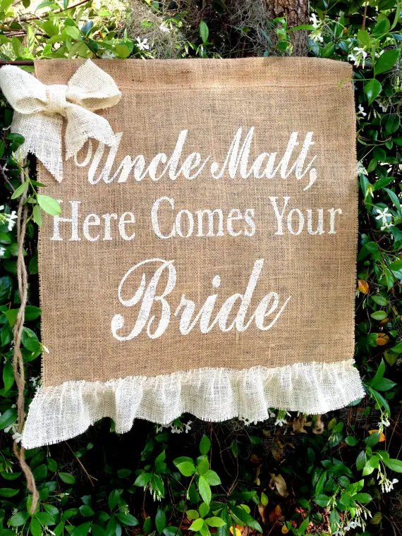 UNCLE Here Comes Your Bride Sign, Decoration Wedding Bride Sign Ring Bearer Flower Girl Sign Rustic Burlap Wedding Sign