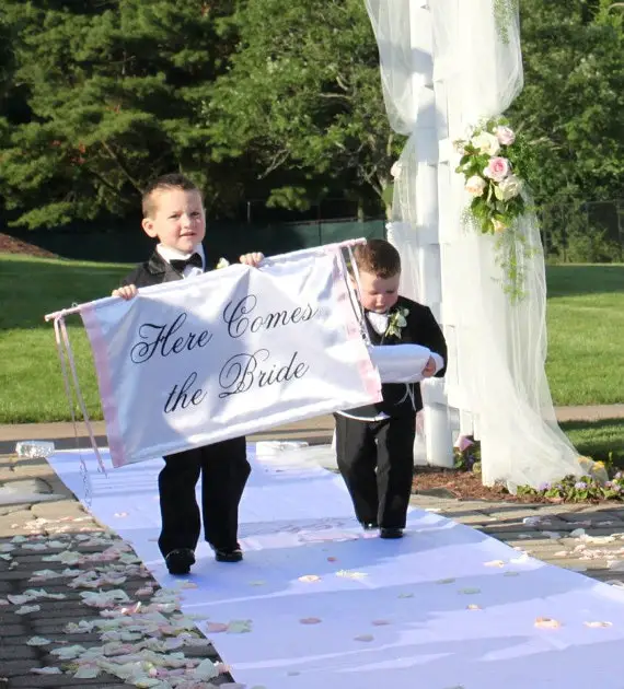 Wedding Here Comes the Bride Banner Fabric Ceremony Banner Ringbearer Flower Girl