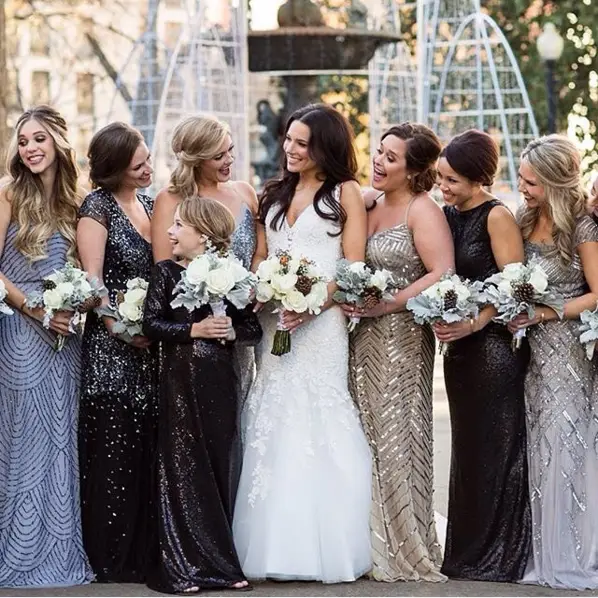 mismatched sparkly bridesmaid dresses - Katie Norrid Photography