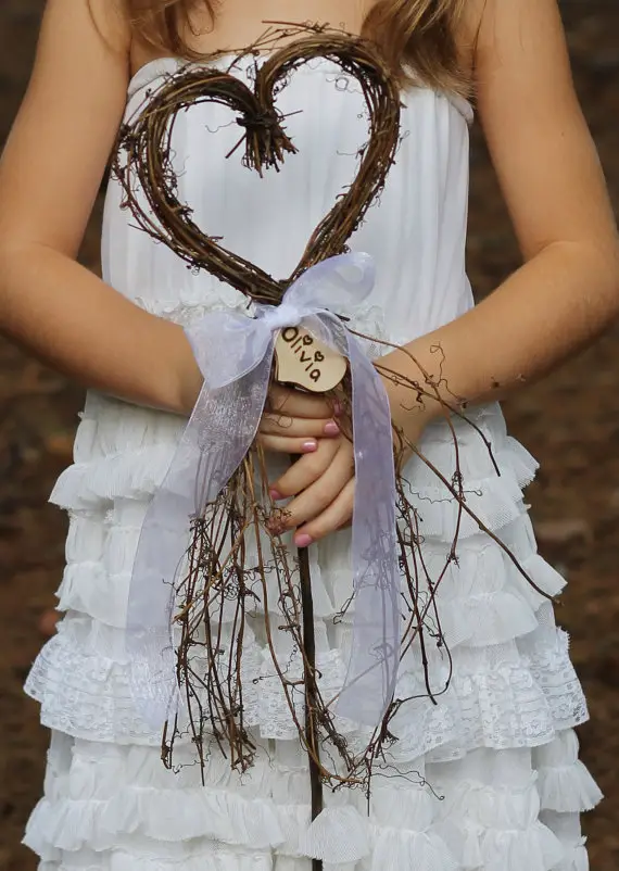 Flower Girl Basket Alternative - Heart Wand With Personalized Heart And Sheer Organza Ribbon