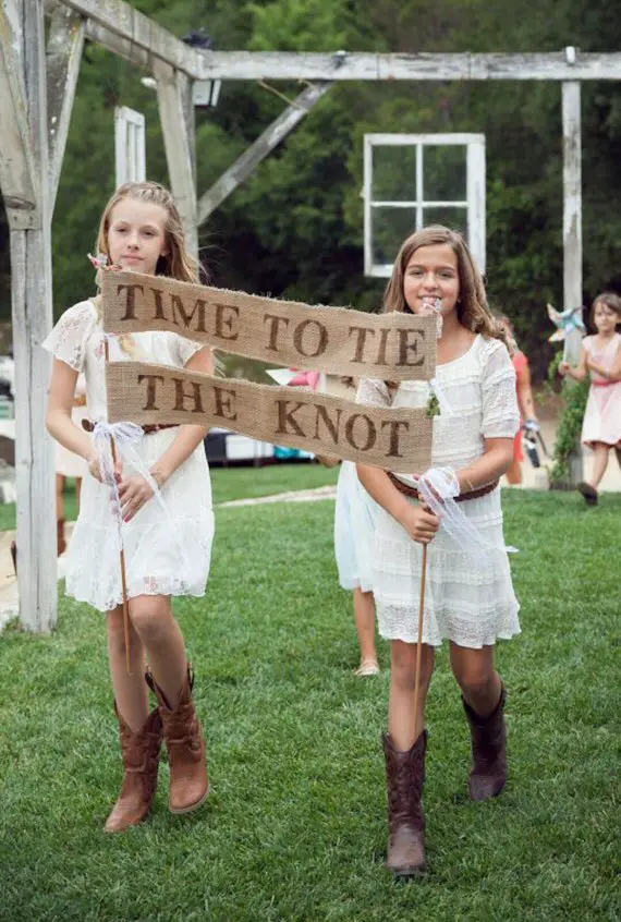 Time To Tie The Knot Burlap Banner Wedding Sign for flower girls