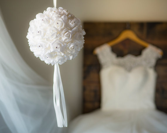 flower girl alternative White Kissing Ball - Ready To Ship - White Pomander Ball - Flower Girl Pomander