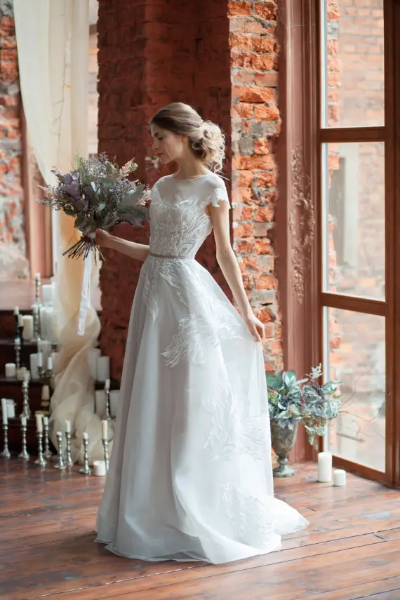 Lora : A-line wedding dress : Boned : Open back wedding dress : Covered shoulders : Short train